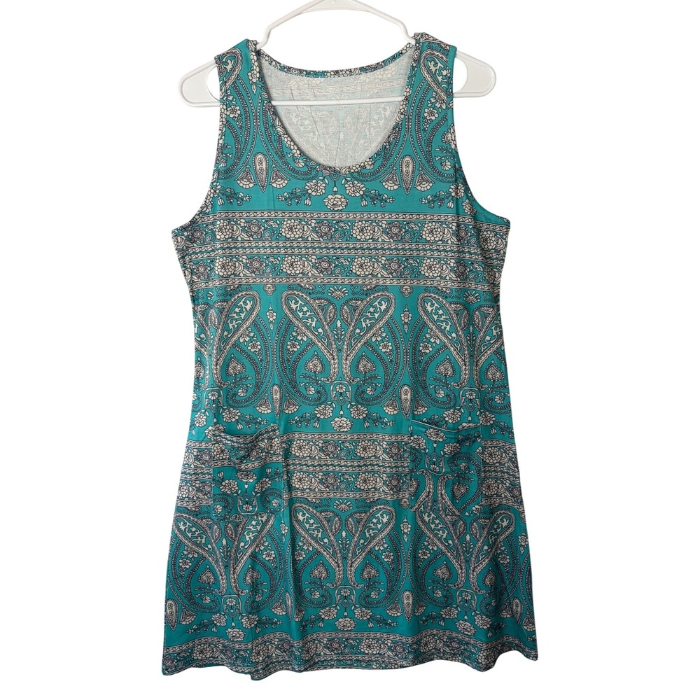 Teal‎ Paisley Floral Sleeveless Pocket Shift Tunic Dress L Boho Beach Pullover